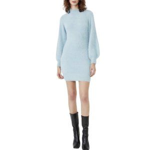 Bardot Mock Neck Bishop Sleeve Cozy Fuzzy Sweater Mini Dress Dusty Blue Large L
